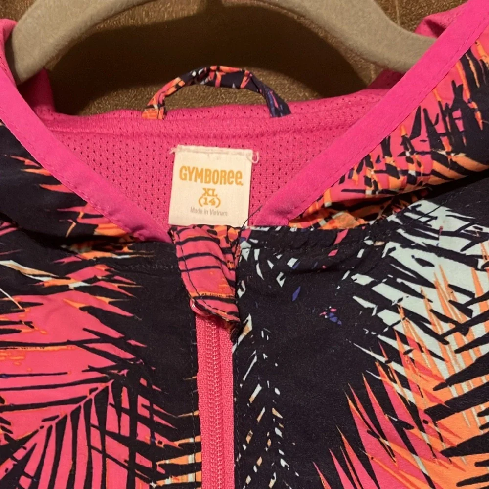 Gymboree Girls Navy Pink Orange Palm-Print Hooded Jacket, Size XL